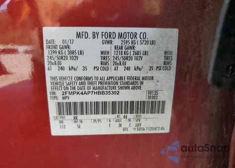 2017 Ford Edge Sport z USA, uszkodzony, nr VIN 2FMPK4AP7HBB35302